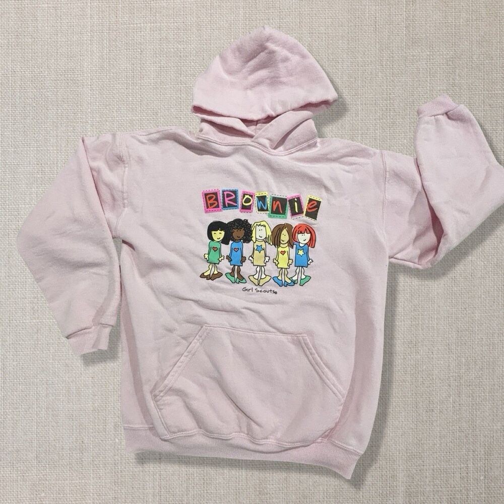 Girl Scouts Brownie 2000s Pink Pullover Hoodie Youth XL Graphic Sweatshirt